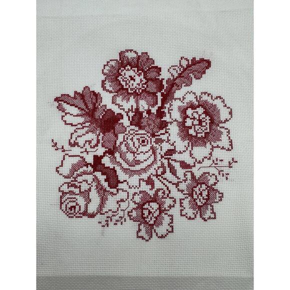 Vintage Hand Stitched Red on White Floral Cross Stitch Embroidery Complete - Picture 3 of 7